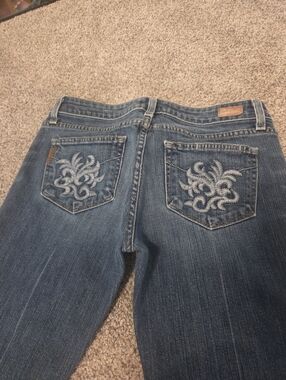 PAIGE Light Blue Denim Bootcut Jeans with Printed Waistband